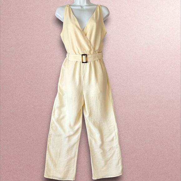 WISH Frida Sleeveless Crossover V Neck Belted Wide Leg Jumpsuit Size S Beige - Picture 1 of 16